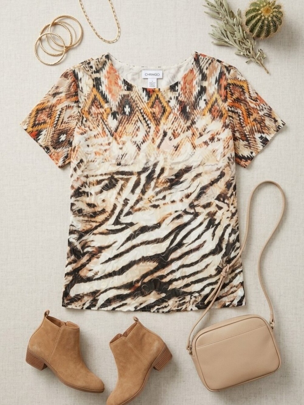 Alfred Dunner Southwestern Animal Print Textured Top - PM